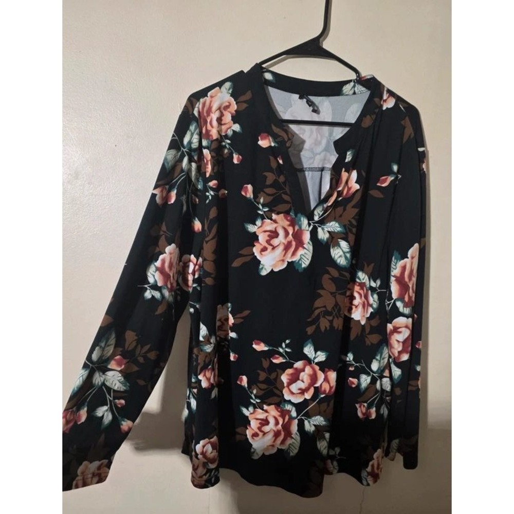 OTHYROCE Womens 4X Floral V-Neck Blouse Black Pink Long Sleeve Top